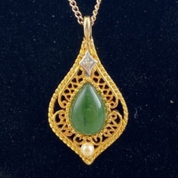 Jewelry - Golden Pendant with Jade Colored Stone